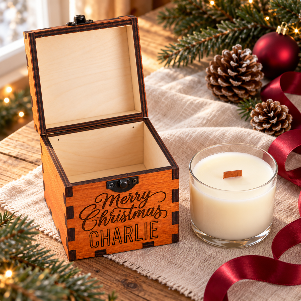 Personalized Christmas Candle in Engraved Wooden Box