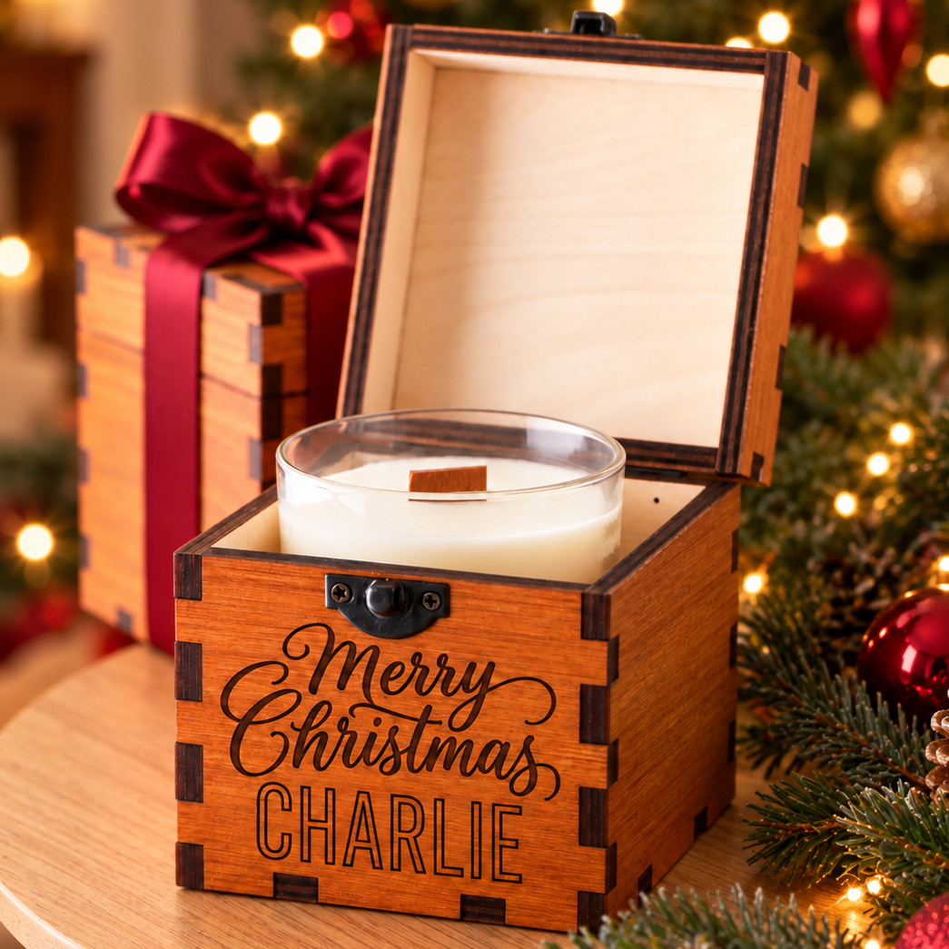 Personalized Christmas Candle in Engraved Wooden Box
